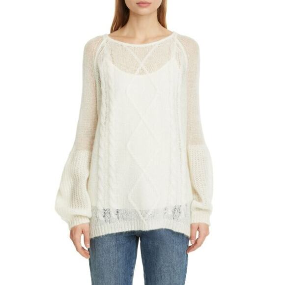 CO Women's Loose Weave Cable Knit Mohair Alpaca Oversized Sweater Ivory MD‎ $695